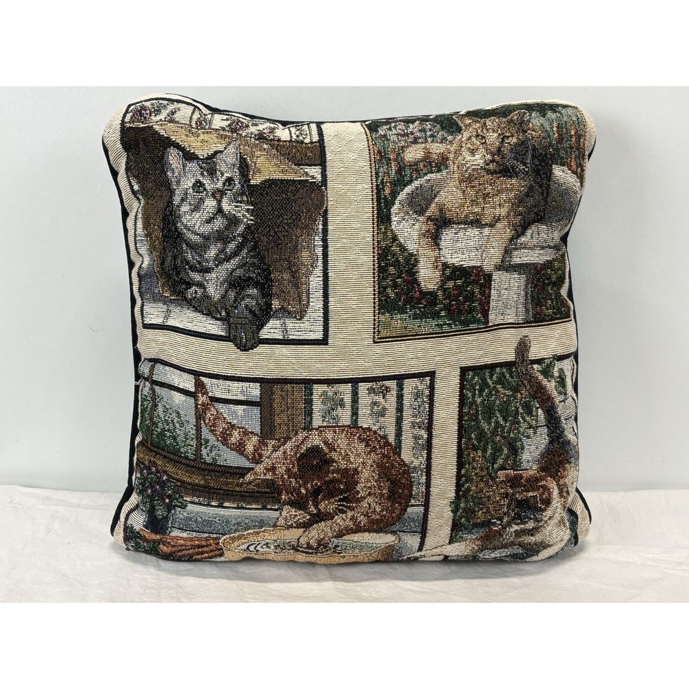 Vtg Tapestry Cat 15" Throw Pillow Needlepoint Kitty Granny Core